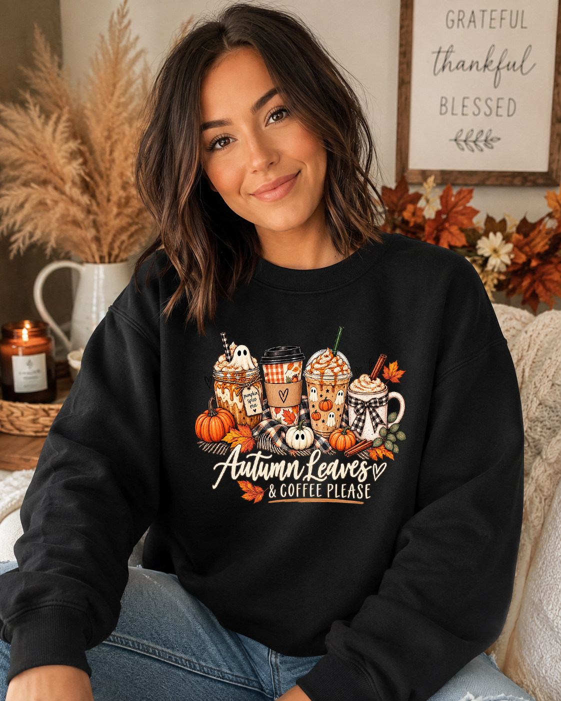 Autumn Leaves & Coffee Please Gildan Sweatshirt | Cozy Fall Coffee Graphic Crewneck | Pumpkin Autumn Sweatshirt