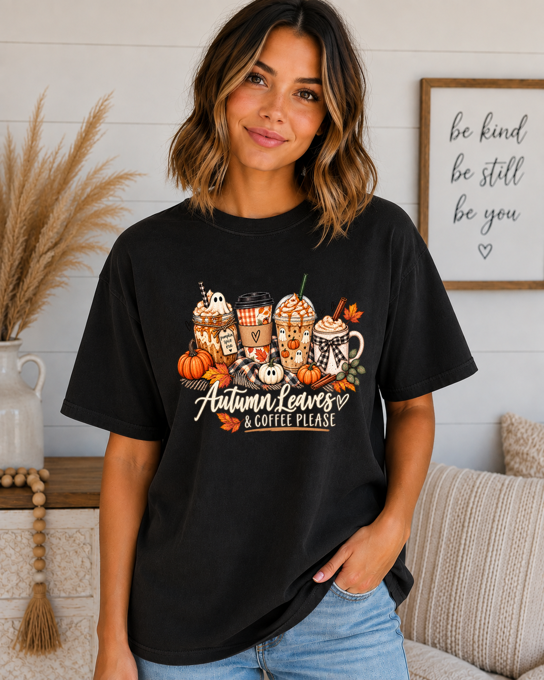 Autumn Leaves & Coffee Please Comfort Colors T-Shirt | Cute Fall Coffee Graphic Tee | Pumpkin Spice Autumn Shirt