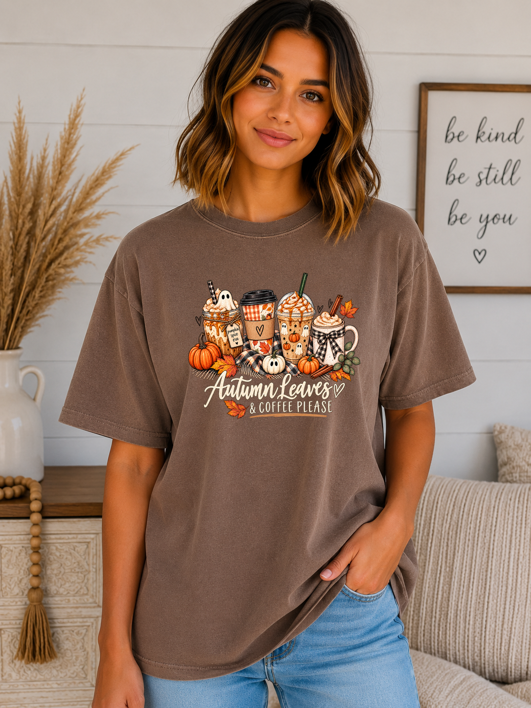 Autumn Leaves & Coffee Please Comfort Colors T-Shirt | Cute Fall Coffee Graphic Tee | Pumpkin Spice Autumn Shirt