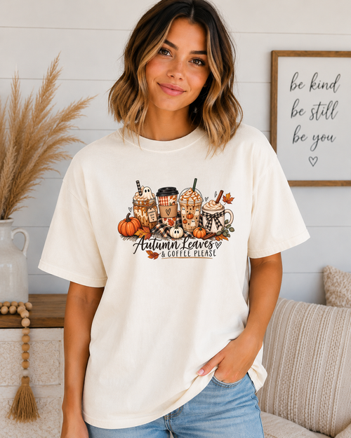 Autumn Leaves & Coffee Please Comfort Colors T-Shirt | Cute Fall Coffee Graphic Tee | Pumpkin Spice Autumn Shirt