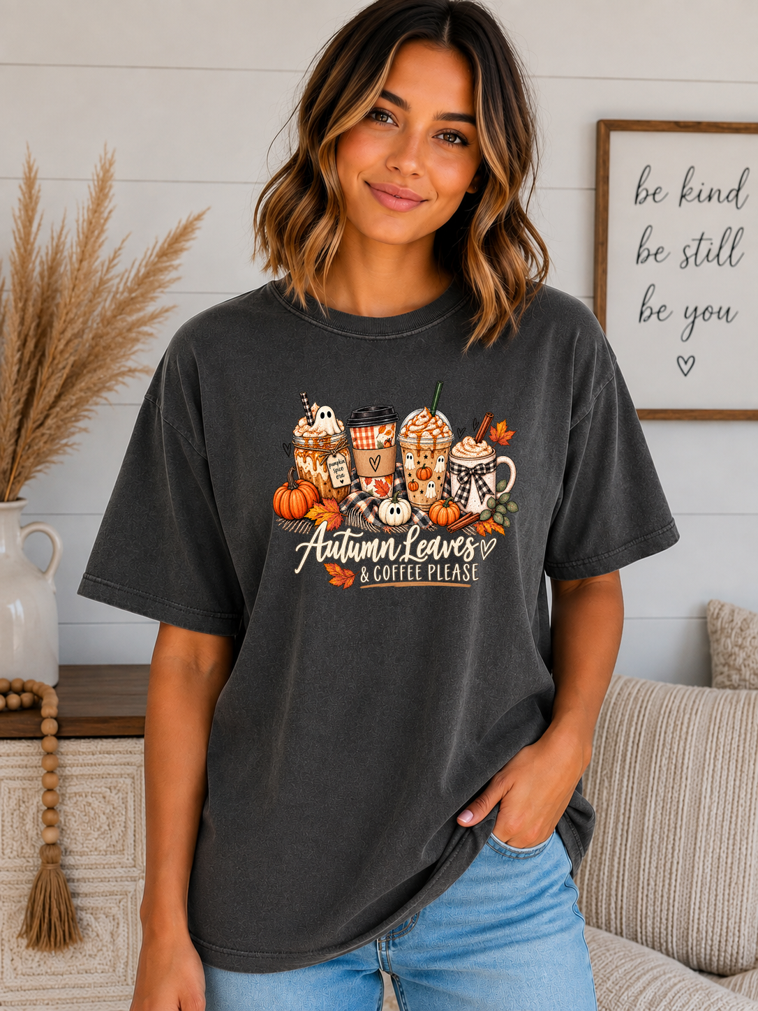 Autumn Leaves & Coffee Please Comfort Colors T-Shirt | Cute Fall Coffee Graphic Tee | Pumpkin Spice Autumn Shirt
