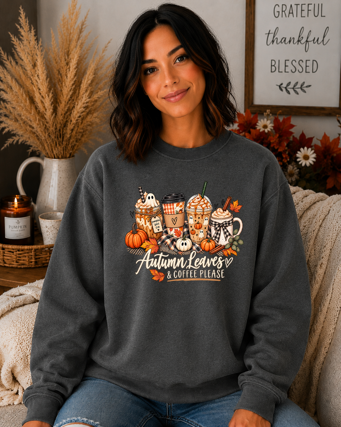Autumn Leaves & Coffee Please Gildan Sweatshirt | Cozy Fall Coffee Graphic Crewneck | Pumpkin Autumn Sweatshirt