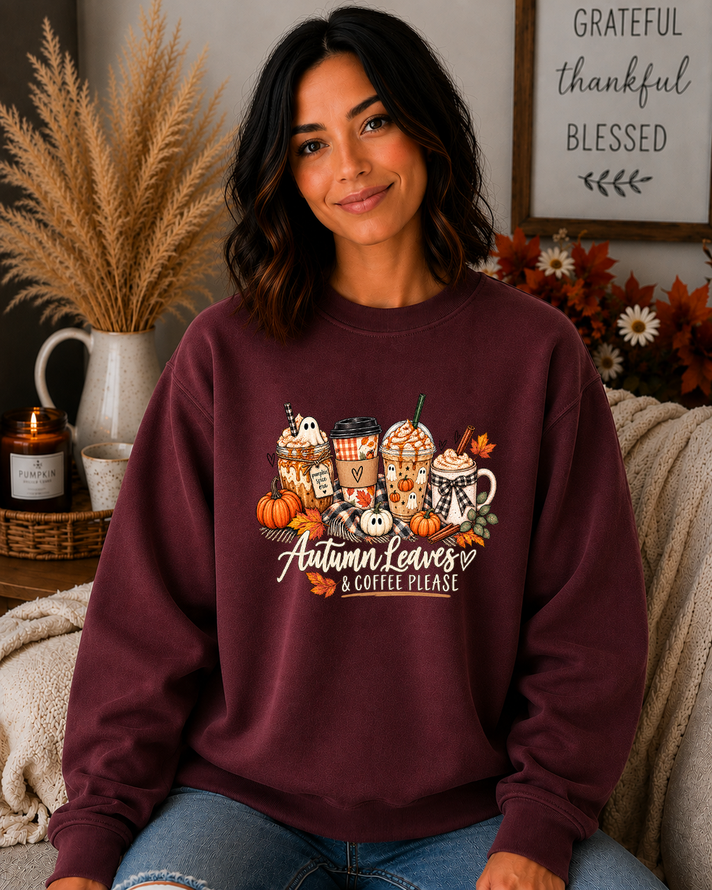 Autumn Leaves & Coffee Please Gildan Sweatshirt | Cozy Fall Coffee Graphic Crewneck | Pumpkin Autumn Sweatshirt