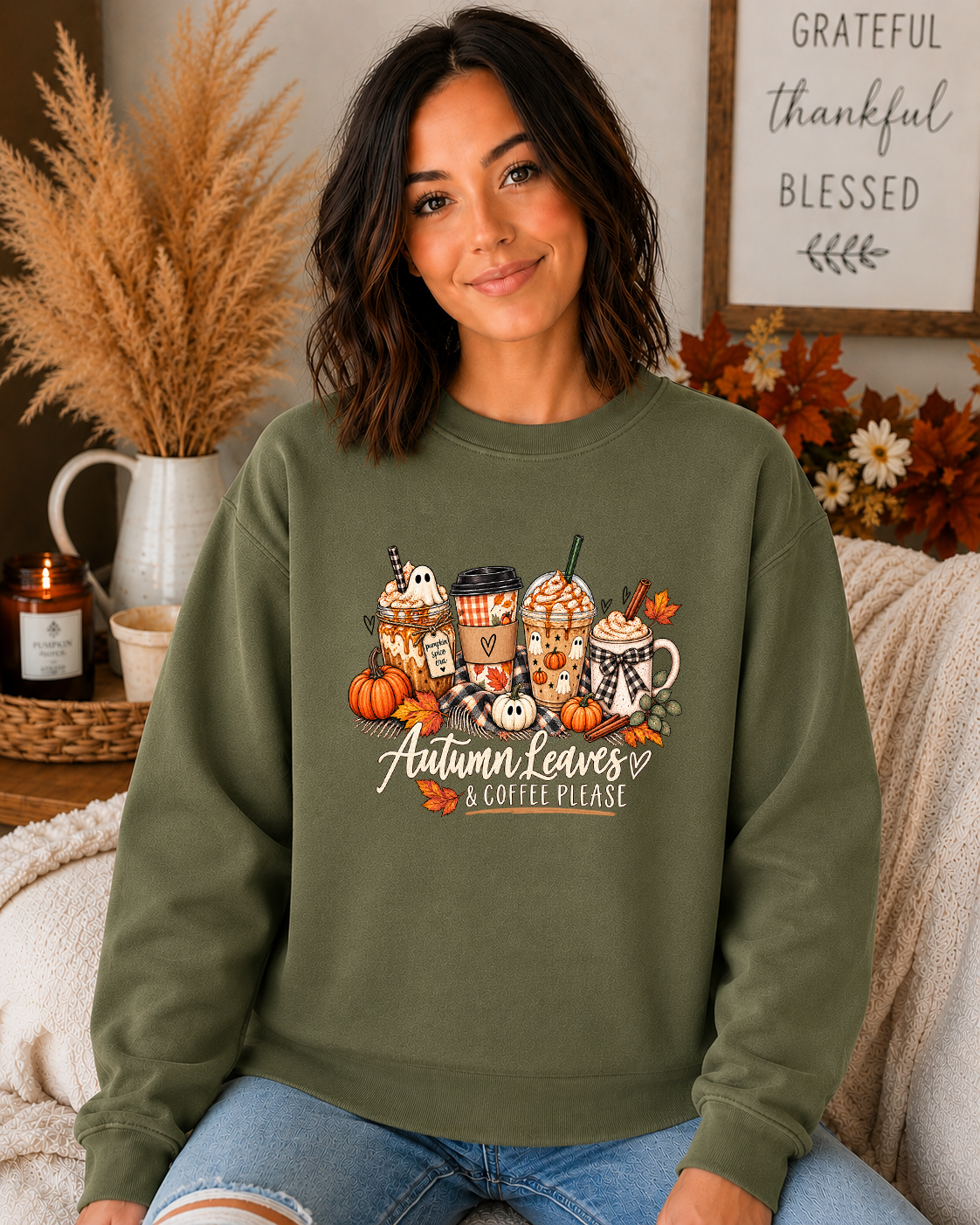 Autumn Leaves & Coffee Please Gildan Sweatshirt | Cozy Fall Coffee Graphic Crewneck | Pumpkin Autumn Sweatshirt