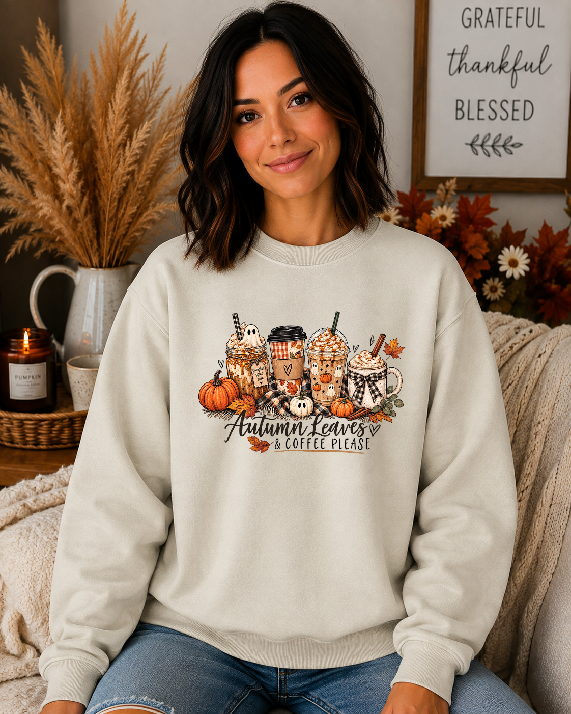 Autumn Leaves & Coffee Please Gildan Sweatshirt | Cozy Fall Coffee Graphic Crewneck | Pumpkin Autumn Sweatshirt