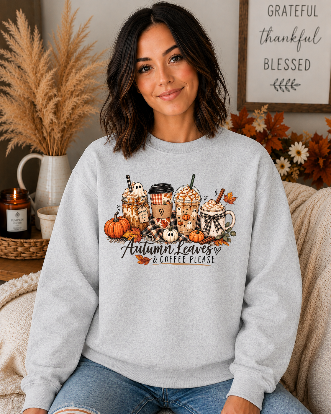 Autumn Leaves & Coffee Please Gildan Sweatshirt | Cozy Fall Coffee Graphic Crewneck | Pumpkin Autumn Sweatshirt