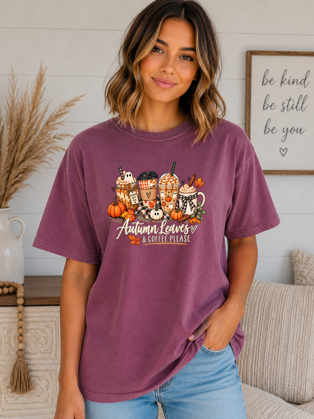 Autumn Leaves & Coffee Please Comfort Colors T-Shirt | Cute Fall Coffee Graphic Tee | Pumpkin Spice Autumn Shirt