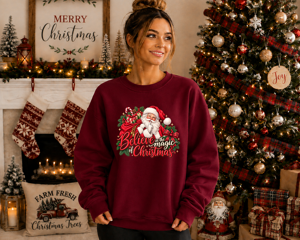 Believe in the Magic of Christmas Gildan Sweatshirt | Vintage Santa Christmas Crewneck | Festive Holiday Graphic Sweatshirt