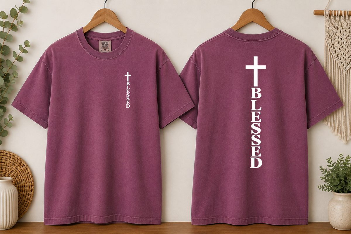 Blessed Cross Comfort Colors T-Shirt – Christian Faith Graphic Tee, Front & Back Cross Design, Religious Inspirational Shirt, Jesus
