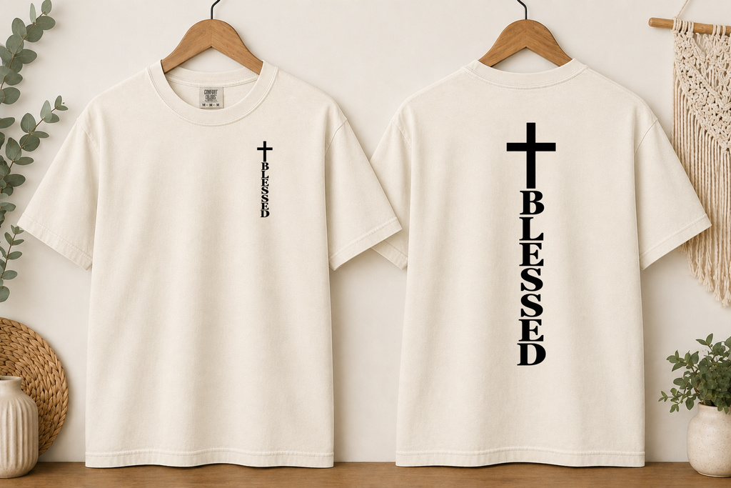 Blessed Cross Comfort Colors T-Shirt – Christian Faith Graphic Tee, Front & Back Cross Design, Religious Inspirational Shirt, Jesus