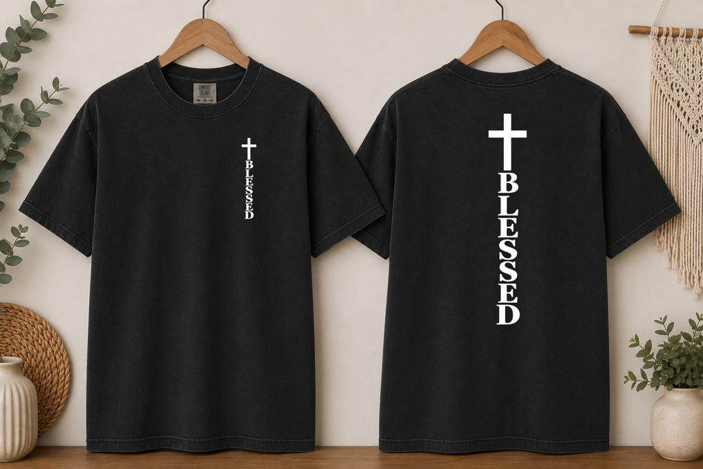 Blessed Cross Comfort Colors T-Shirt – Christian Faith Graphic Tee, Front & Back Cross Design, Religious Inspirational Shirt, Jesus