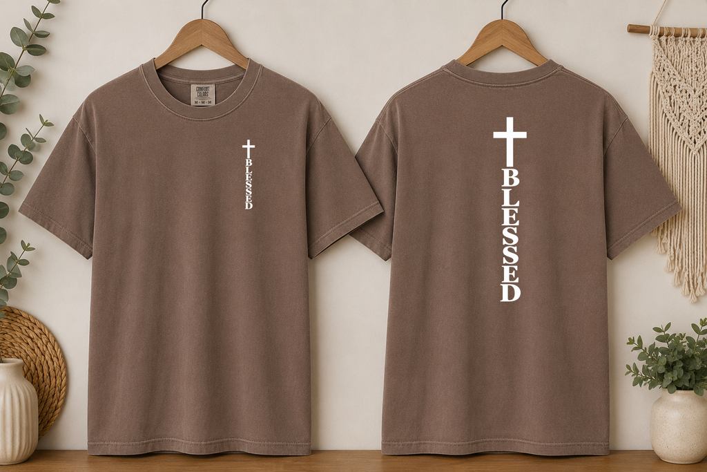 Blessed Cross Comfort Colors T-Shirt – Christian Faith Graphic Tee, Front & Back Cross Design, Religious Inspirational Shirt, Jesus