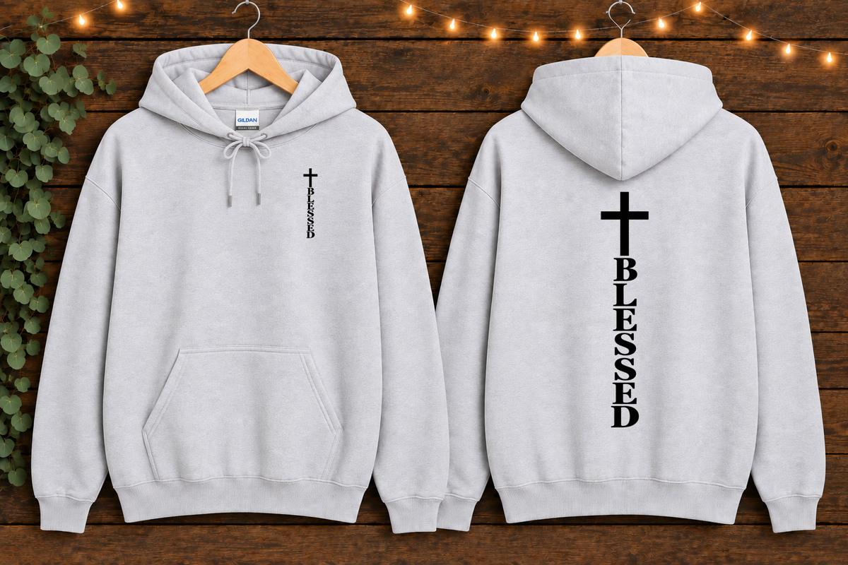Blessed Cross Gildan Hoodie – Christian Faith Pullover, Front & Back Cross Design, Religious Inspirational Sweatshirt, Jesus