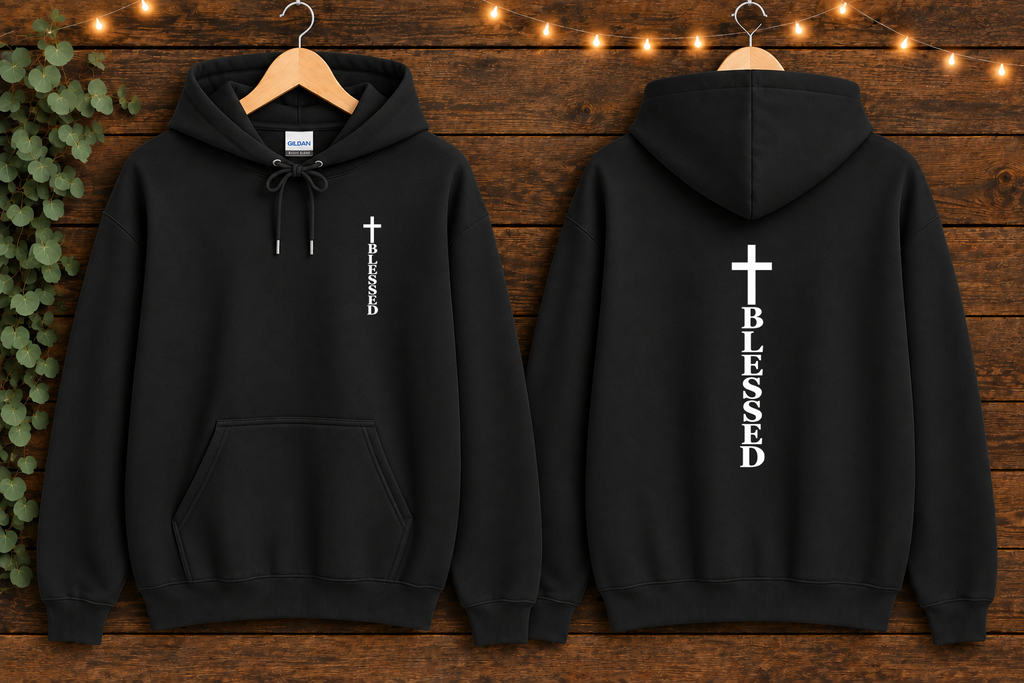 Blessed Cross Gildan Hoodie – Christian Faith Pullover, Front & Back Cross Design, Religious Inspirational Sweatshirt, Jesus