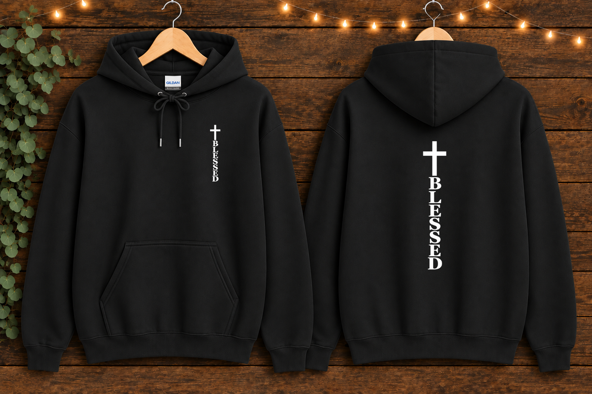 Blessed Cross Gildan Hoodie – Christian Faith Pullover, Front & Back Cross Design, Religious Inspirational Sweatshirt, Jesus