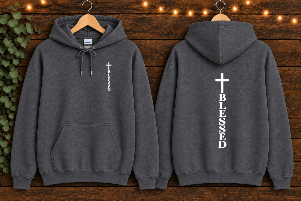 Blessed Cross Gildan Hoodie – Christian Faith Pullover, Front & Back Cross Design, Religious Inspirational Sweatshirt, Jesus