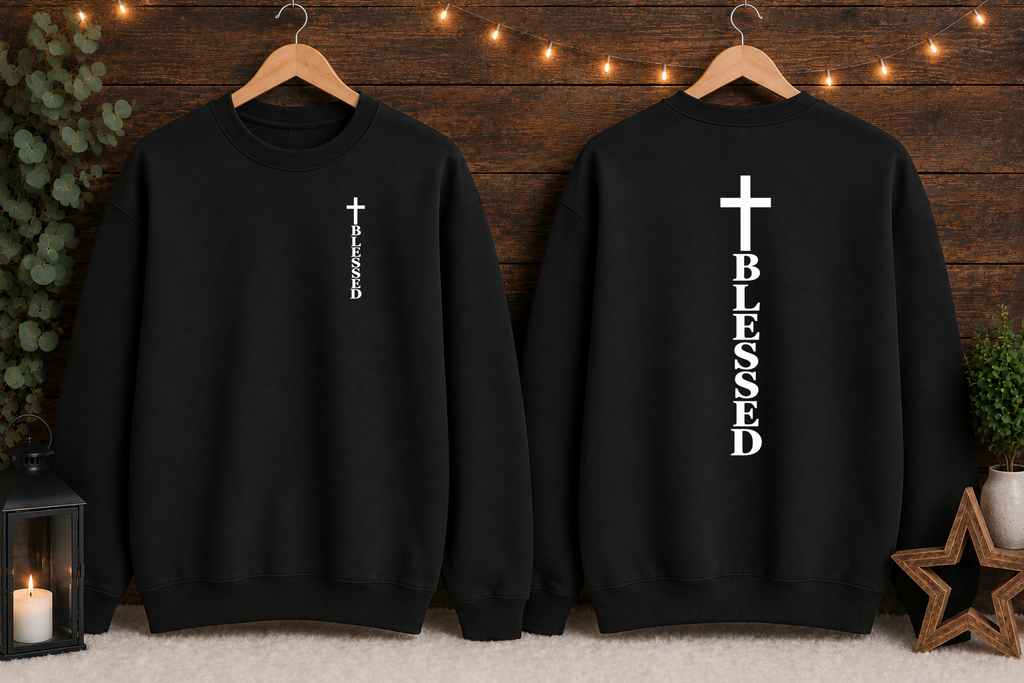 Blessed Cross Gildan Sweatshirt – Christian Faith Crewneck, Front & Back Cross Design, Religious Inspirational Christian Sweatshirt