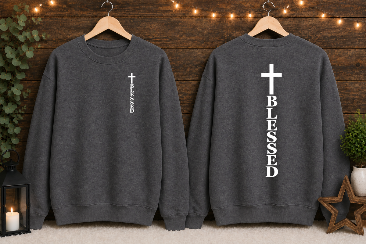 Blessed Cross Gildan Sweatshirt – Christian Faith Crewneck, Front & Back Cross Design, Religious Inspirational Christian Sweatshirt