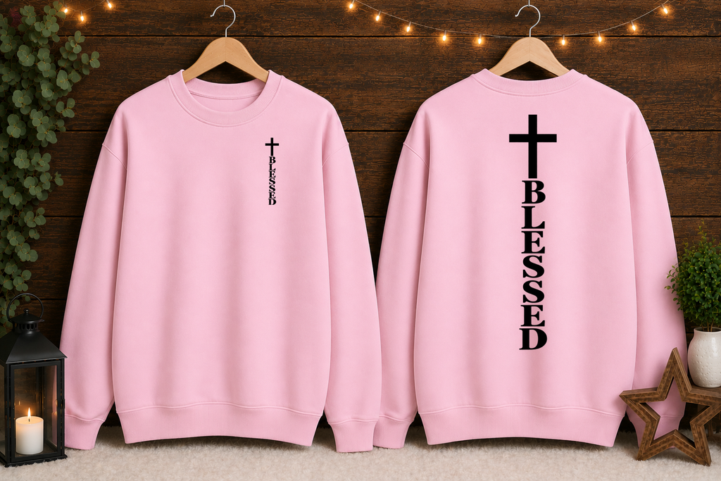 Blessed Cross Gildan Sweatshirt – Christian Faith Crewneck, Front & Back Cross Design, Religious Inspirational Christian Sweatshirt