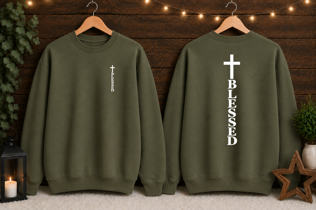 Blessed Cross Gildan Sweatshirt – Christian Faith Crewneck, Front & Back Cross Design, Religious Inspirational Christian Sweatshirt
