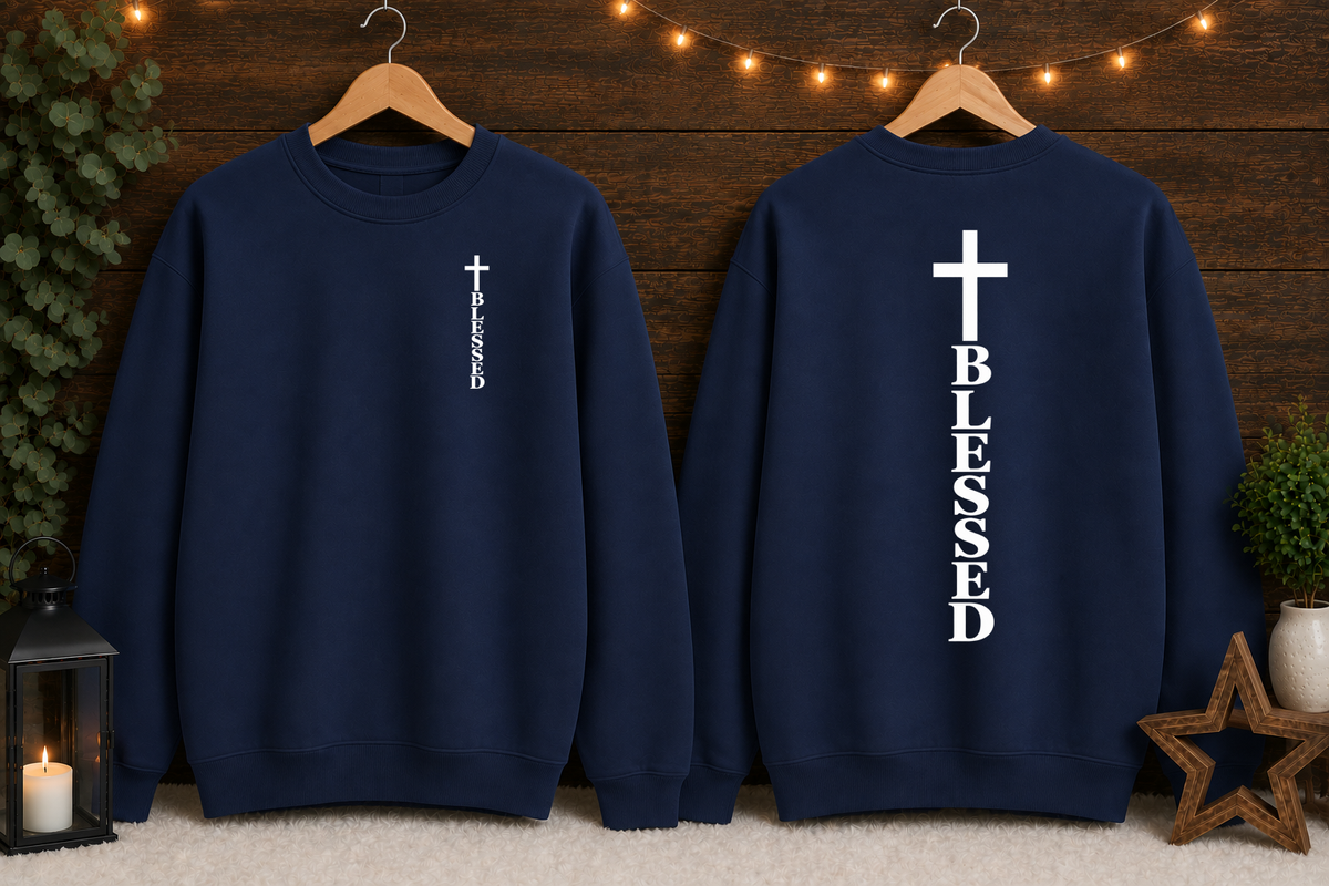 Blessed Cross Gildan Sweatshirt – Christian Faith Crewneck, Front & Back Cross Design, Religious Inspirational Christian Sweatshirt
