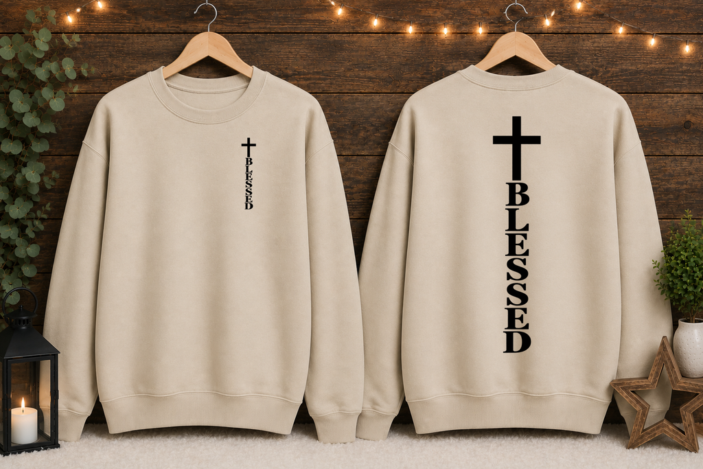 Blessed Cross Gildan Sweatshirt – Christian Faith Crewneck, Front & Back Cross Design, Religious Inspirational Christian Sweatshirt