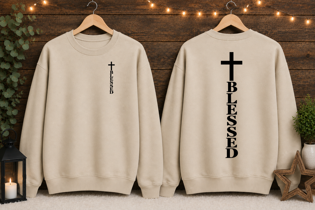 Blessed Cross Gildan Sweatshirt – Christian Faith Crewneck, Front & Back Cross Design, Religious Inspirational Christian Sweatshirt