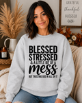 Blessed Stressed & A Little Bit of a Mess Gildan Sweatshirt – Trusting God Christian Faith Crewneck