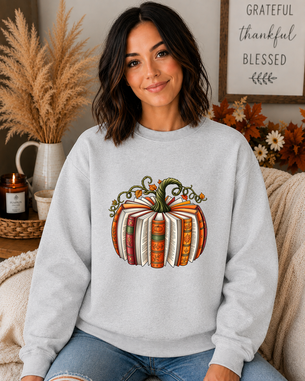 Cozy Book Pumpkin Gildan Sweatshirt – Fall Reading Graphic Crewneck – Autumn Book Lover Pumpkin Sweatshirt