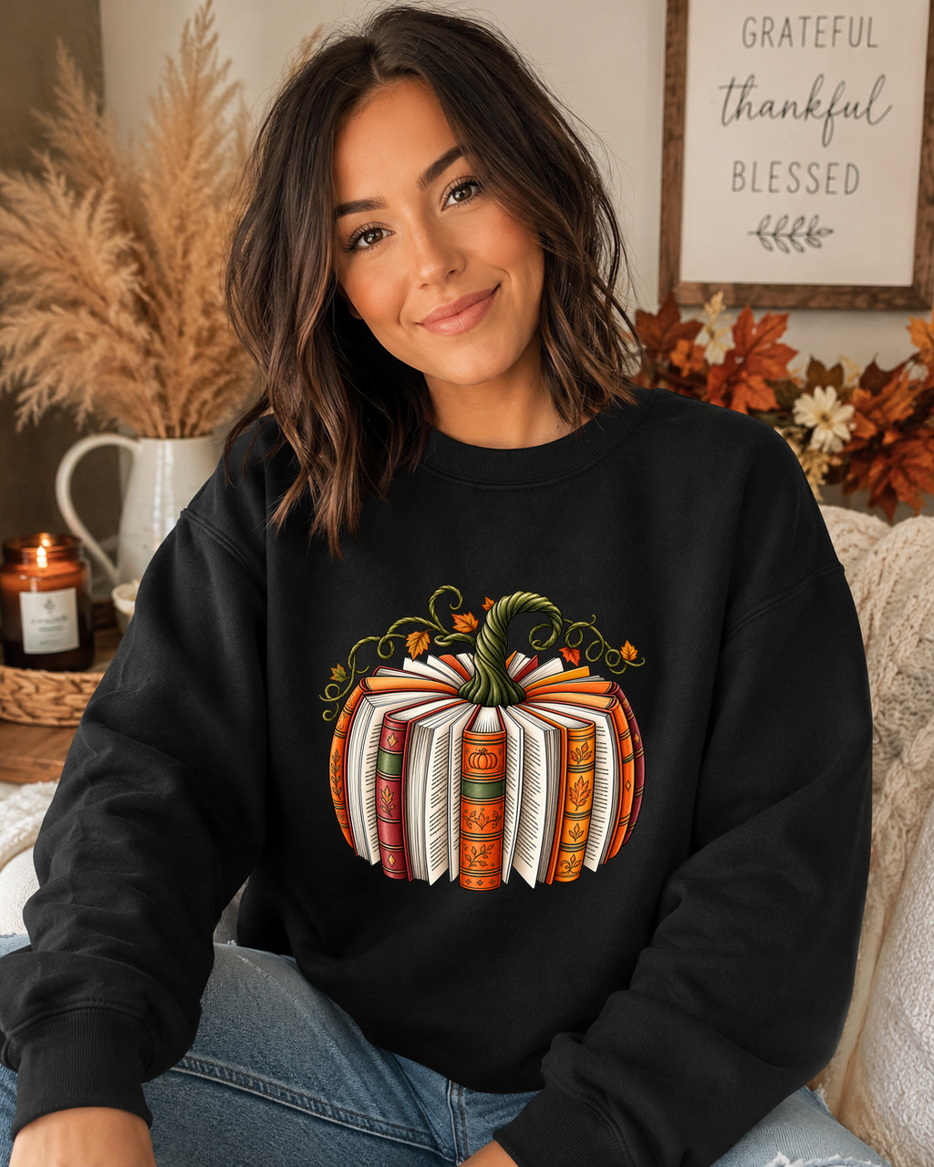 Cozy Book Pumpkin Gildan Sweatshirt – Fall Reading Graphic Crewneck – Autumn Book Lover Pumpkin Sweatshirt