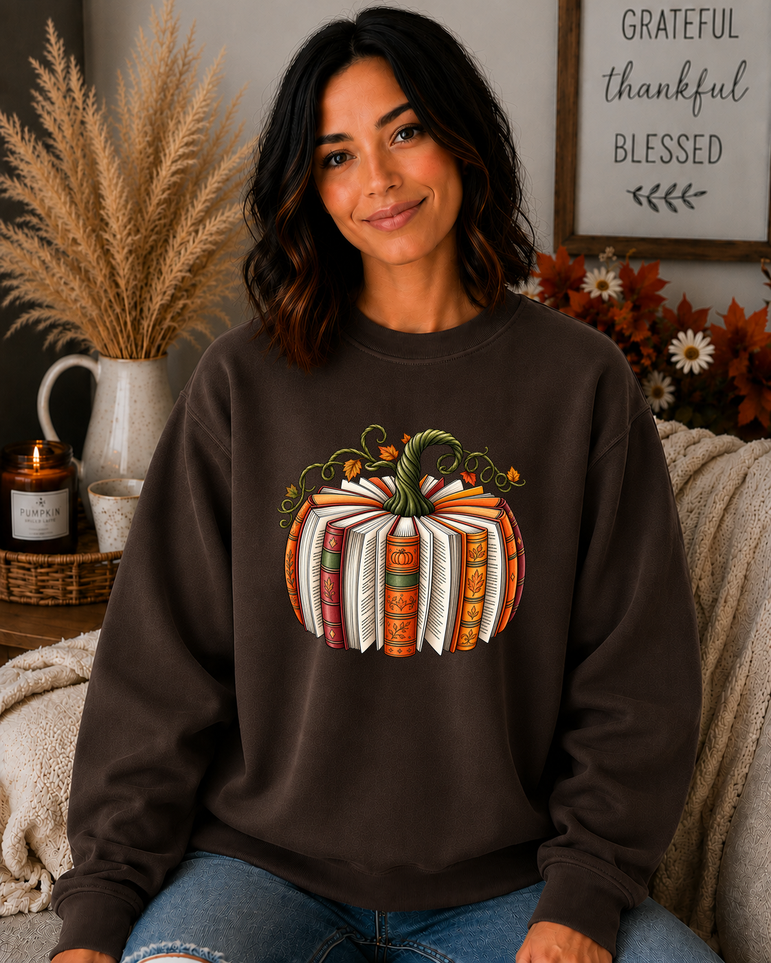 Cozy Book Pumpkin Gildan Sweatshirt – Fall Reading Graphic Crewneck – Autumn Book Lover Pumpkin Sweatshirt