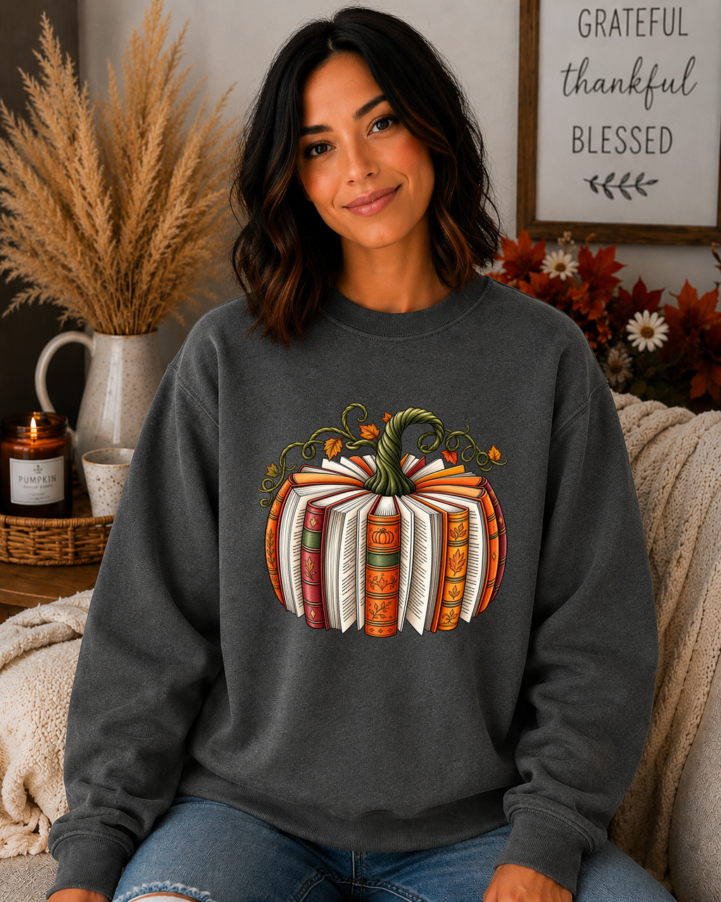Cozy Book Pumpkin Gildan Sweatshirt – Fall Reading Graphic Crewneck – Autumn Book Lover Pumpkin Sweatshirt