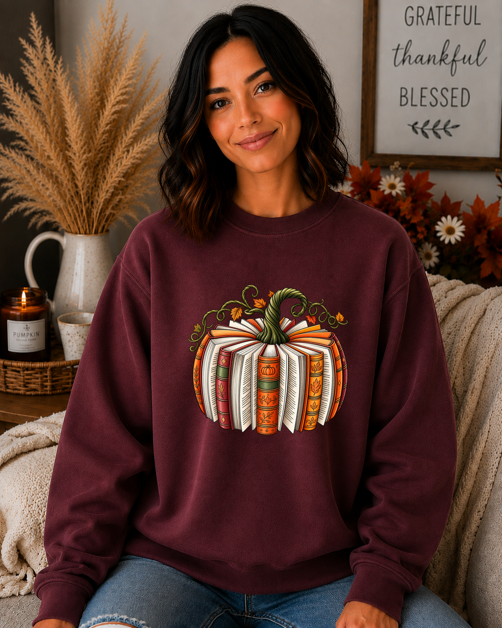 Cozy Book Pumpkin Gildan Sweatshirt – Fall Reading Graphic Crewneck – Autumn Book Lover Pumpkin Sweatshirt