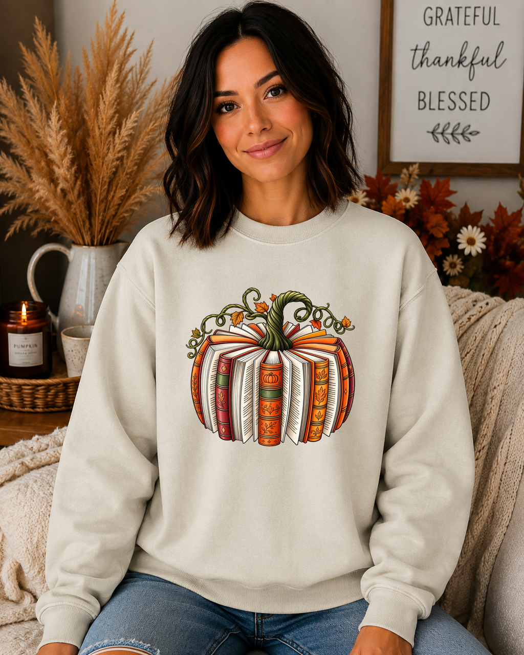 Cozy Book Pumpkin Gildan Sweatshirt – Fall Reading Graphic Crewneck – Autumn Book Lover Pumpkin Sweatshirt
