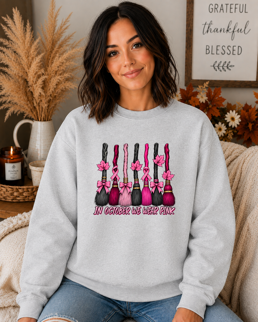 In October We Wear Pink Gildan Sweatshirt – Breast Cancer Awareness Witch Broom Crewneck, Pink Ribbon Halloween Sweatshirt