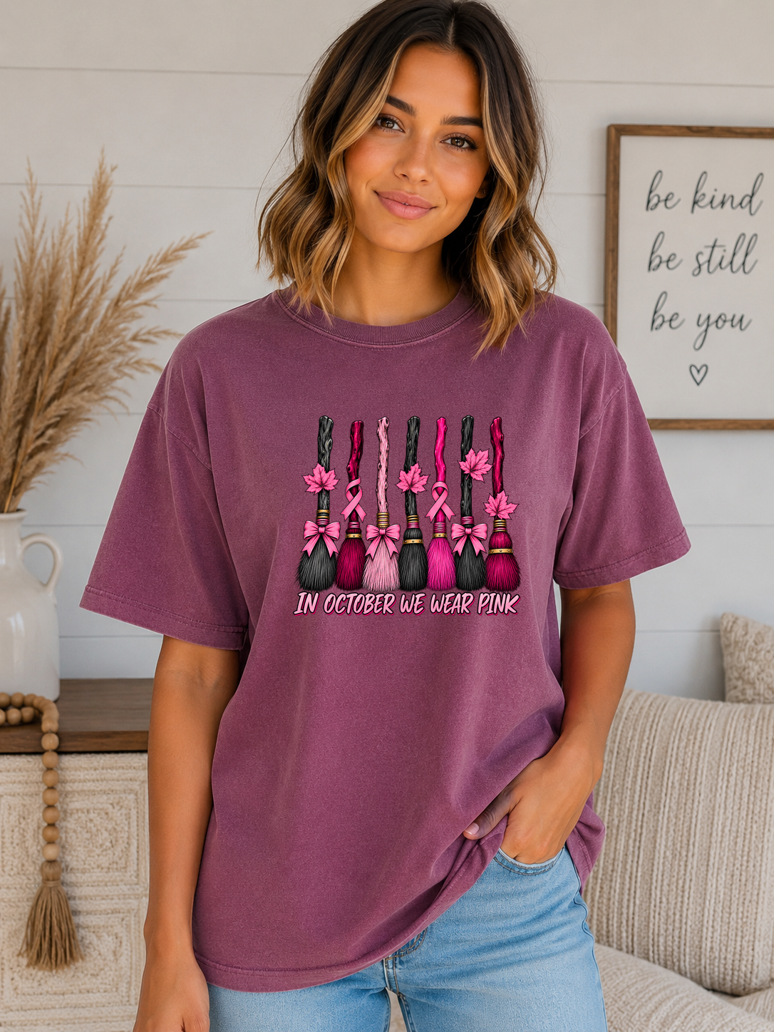 In October We Wear Pink Comfort Colors T-Shirt – Breast Cancer Awareness Witch Broom Tee, Pink Ribbon Halloween Shirt