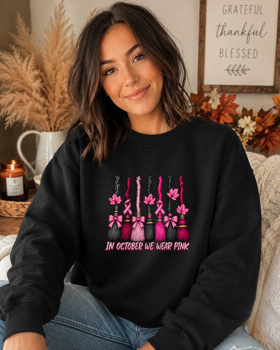 In October We Wear Pink Gildan Sweatshirt – Breast Cancer Awareness Witch Broom Crewneck, Pink Ribbon Halloween Sweatshirt