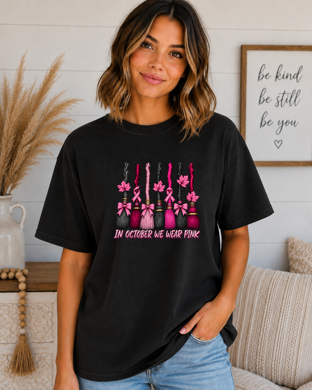In October We Wear Pink Comfort Colors T-Shirt – Breast Cancer Awareness Witch Broom Tee, Pink Ribbon Halloween Shirt