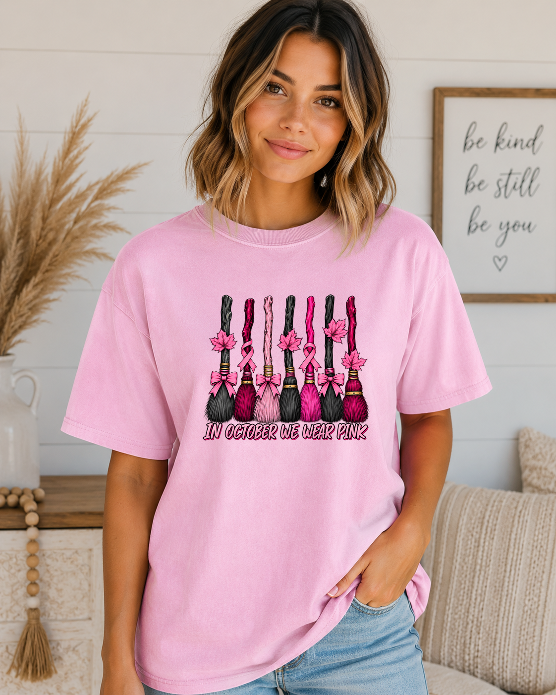 In October We Wear Pink Comfort Colors T-Shirt – Breast Cancer Awareness Witch Broom Tee, Pink Ribbon Halloween Shirt