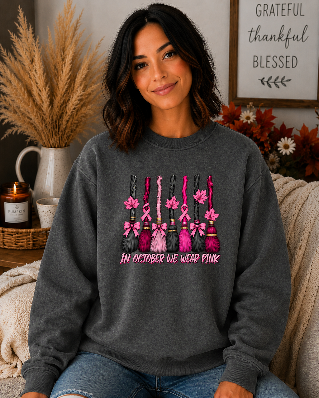 In October We Wear Pink Gildan Sweatshirt – Breast Cancer Awareness Witch Broom Crewneck, Pink Ribbon Halloween Sweatshirt