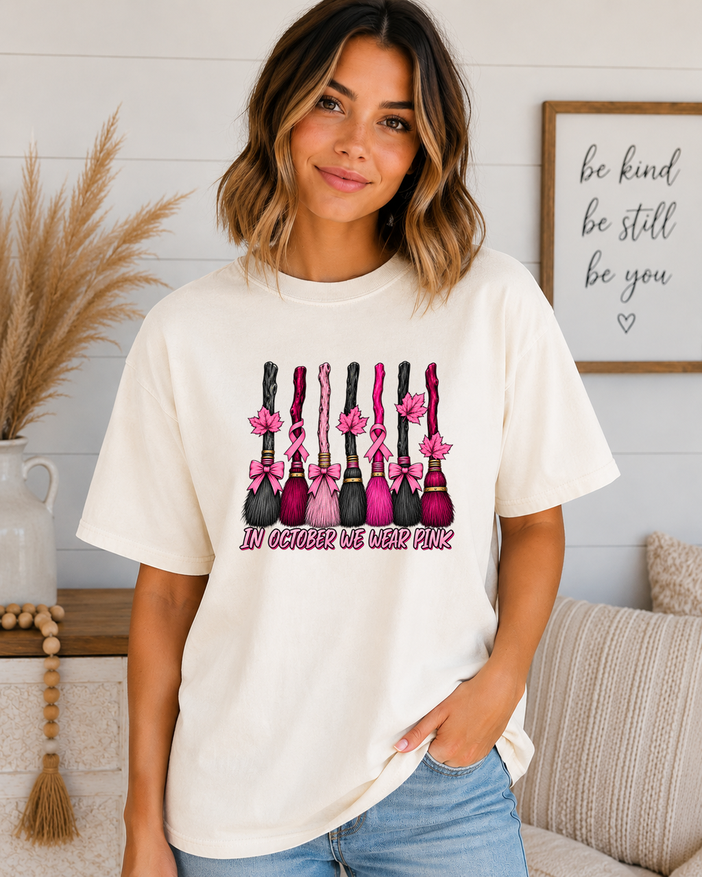 In October We Wear Pink Comfort Colors T-Shirt – Breast Cancer Awareness Witch Broom Tee, Pink Ribbon Halloween Shirt