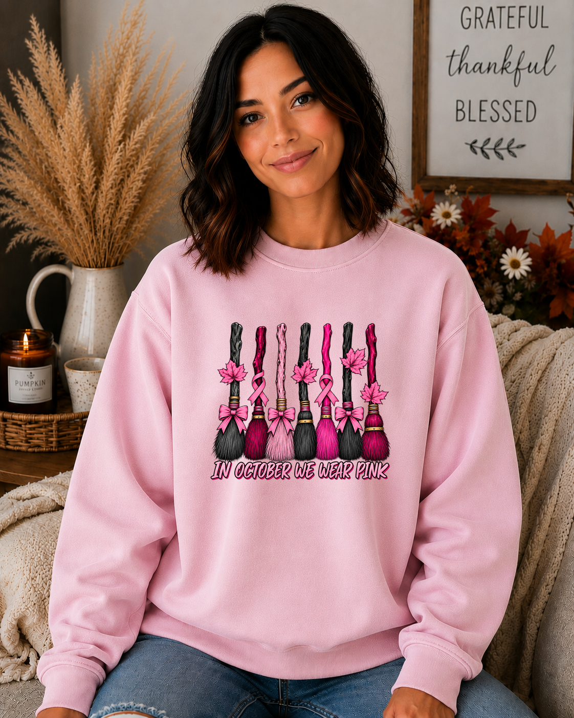 In October We Wear Pink Gildan Sweatshirt – Breast Cancer Awareness Witch Broom Crewneck, Pink Ribbon Halloween Sweatshirt