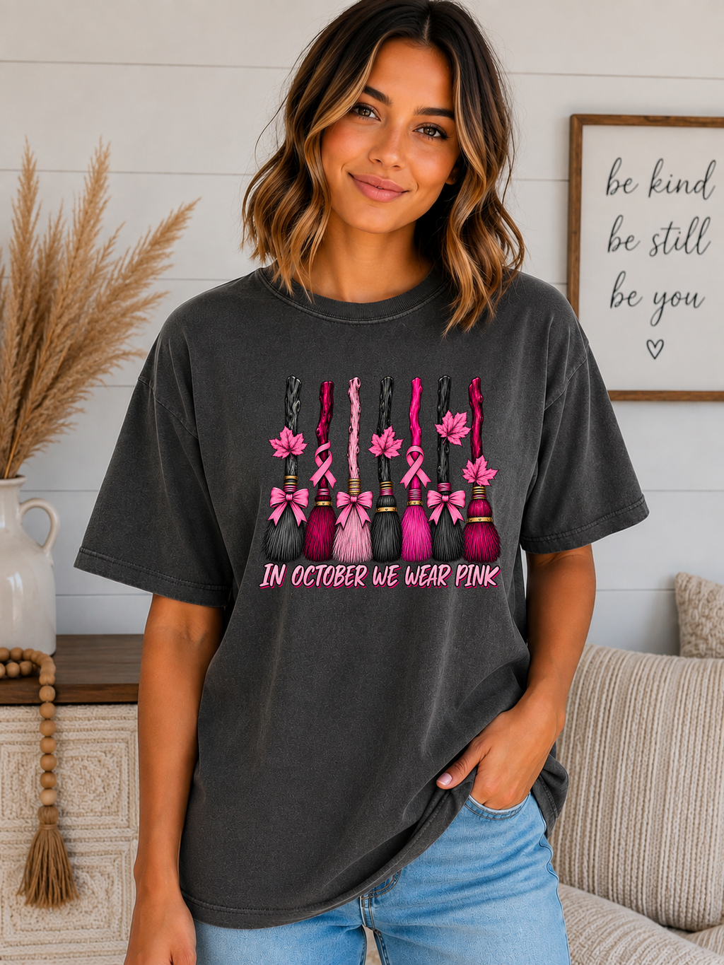 In October We Wear Pink Comfort Colors T-Shirt – Breast Cancer Awareness Witch Broom Tee, Pink Ribbon Halloween Shirt