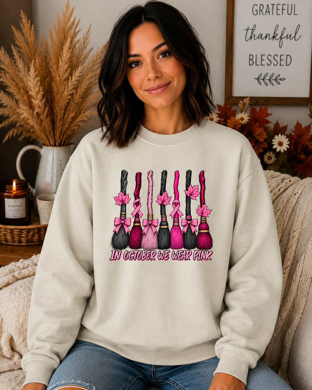 In October We Wear Pink Gildan Sweatshirt – Breast Cancer Awareness Witch Broom Crewneck, Pink Ribbon Halloween Sweatshirt
