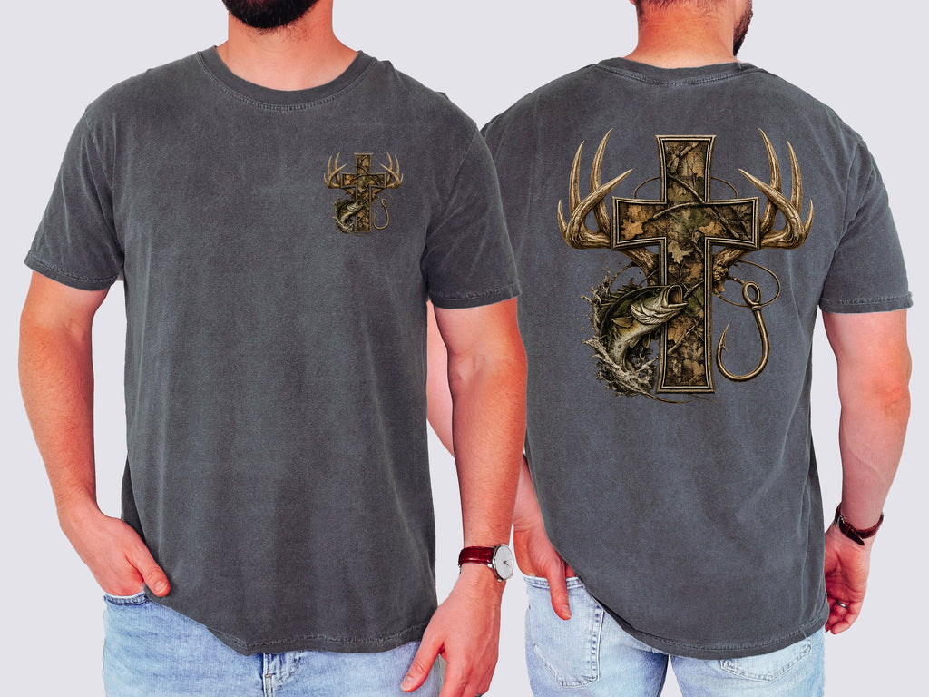 Camo Cross, Hunting, Jesus, Deer, Fishing, Comfort Colors Tshirt