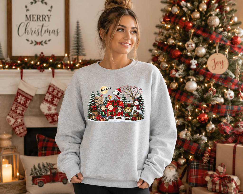 Christmas Peanuts-Inspired Holiday Crewneck Sweatshirt – Festive Winter Friends, Snowman & Christmas Tree Graphic