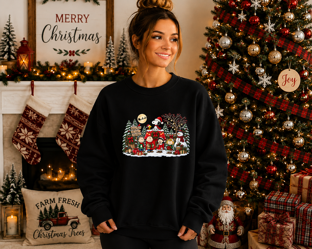 Christmas Peanuts-Inspired Holiday Crewneck Sweatshirt – Festive Winter Friends, Snowman & Christmas Tree Graphic