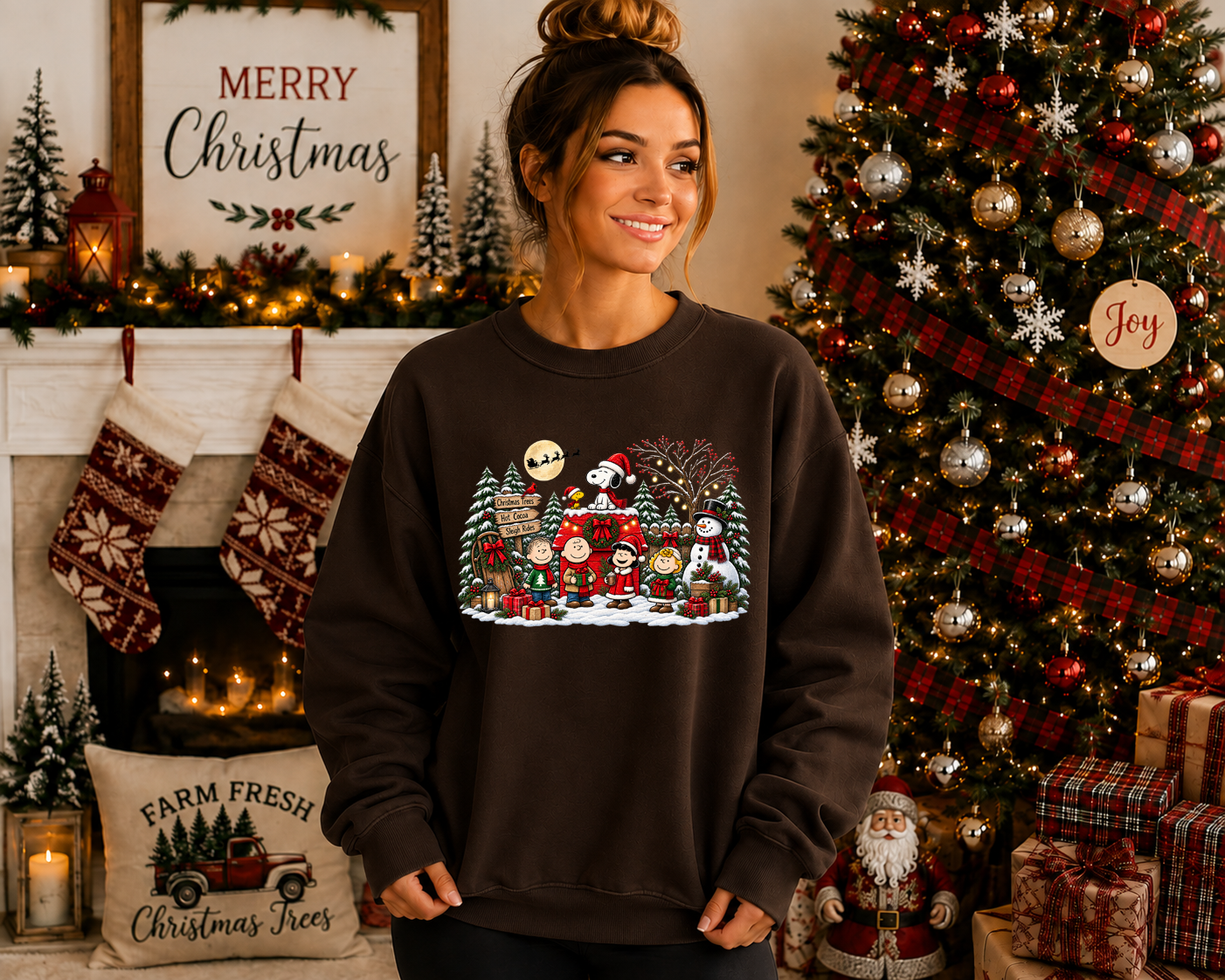 Christmas Peanuts-Inspired Holiday Crewneck Sweatshirt – Festive Winter Friends, Snowman & Christmas Tree Graphic
