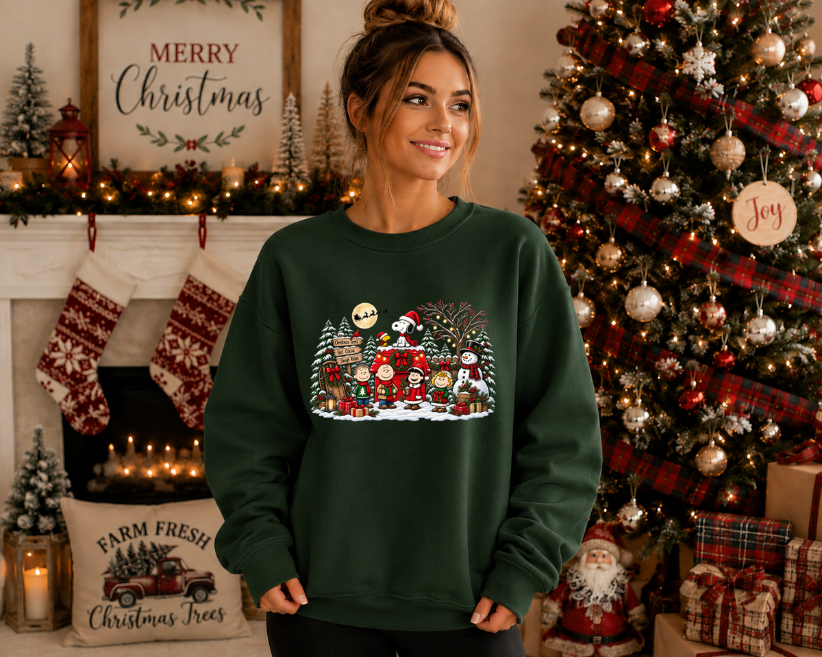 Christmas Peanuts-Inspired Holiday Crewneck Sweatshirt – Festive Winter Friends, Snowman & Christmas Tree Graphic