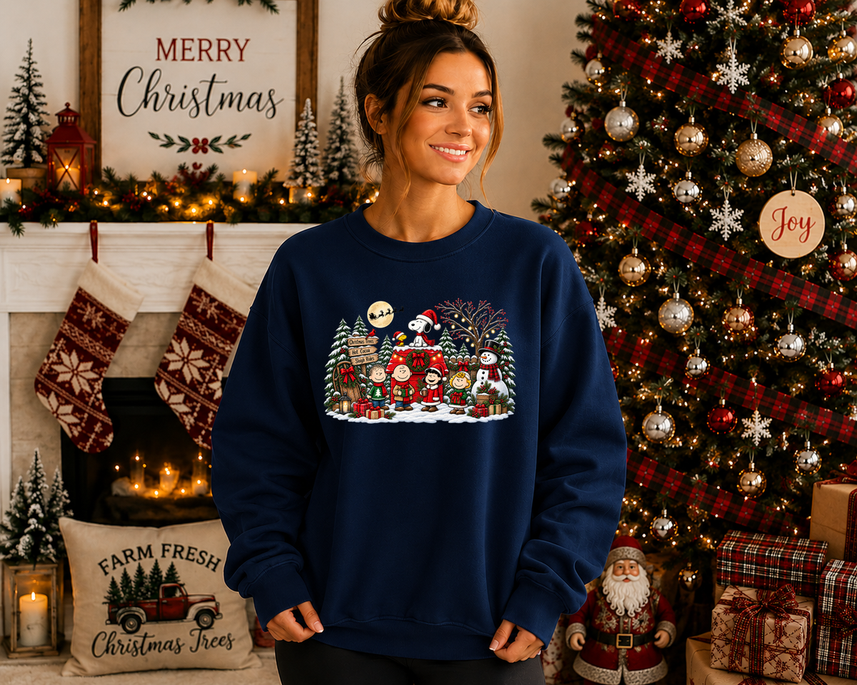 Christmas Peanuts-Inspired Holiday Crewneck Sweatshirt – Festive Winter Friends, Snowman & Christmas Tree Graphic